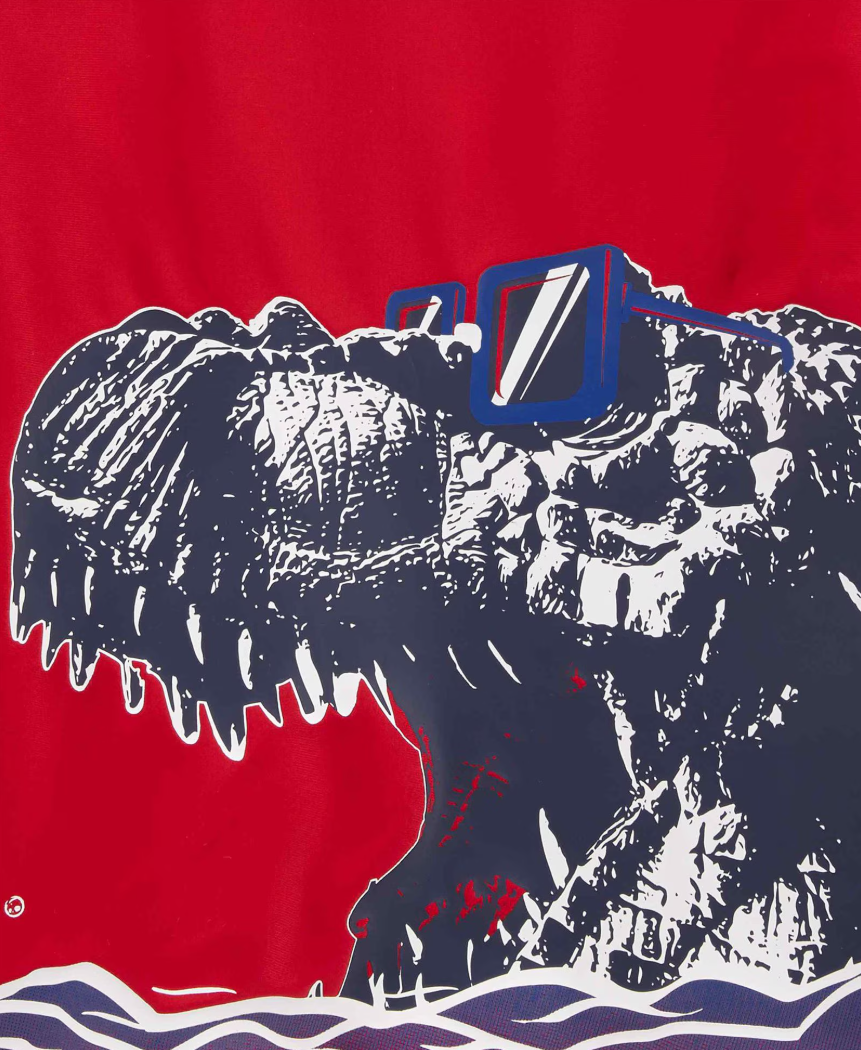 Camiseta praia infantil dinossauro de óculos vermelha