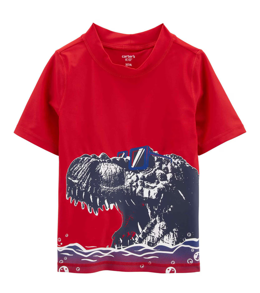 Camiseta praia infantil dinossauro de óculos vermelha